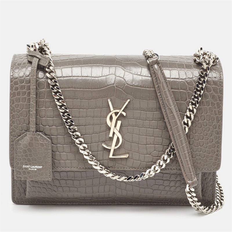 saint laurent grey croc embossed leather medium sunset shoulder bag