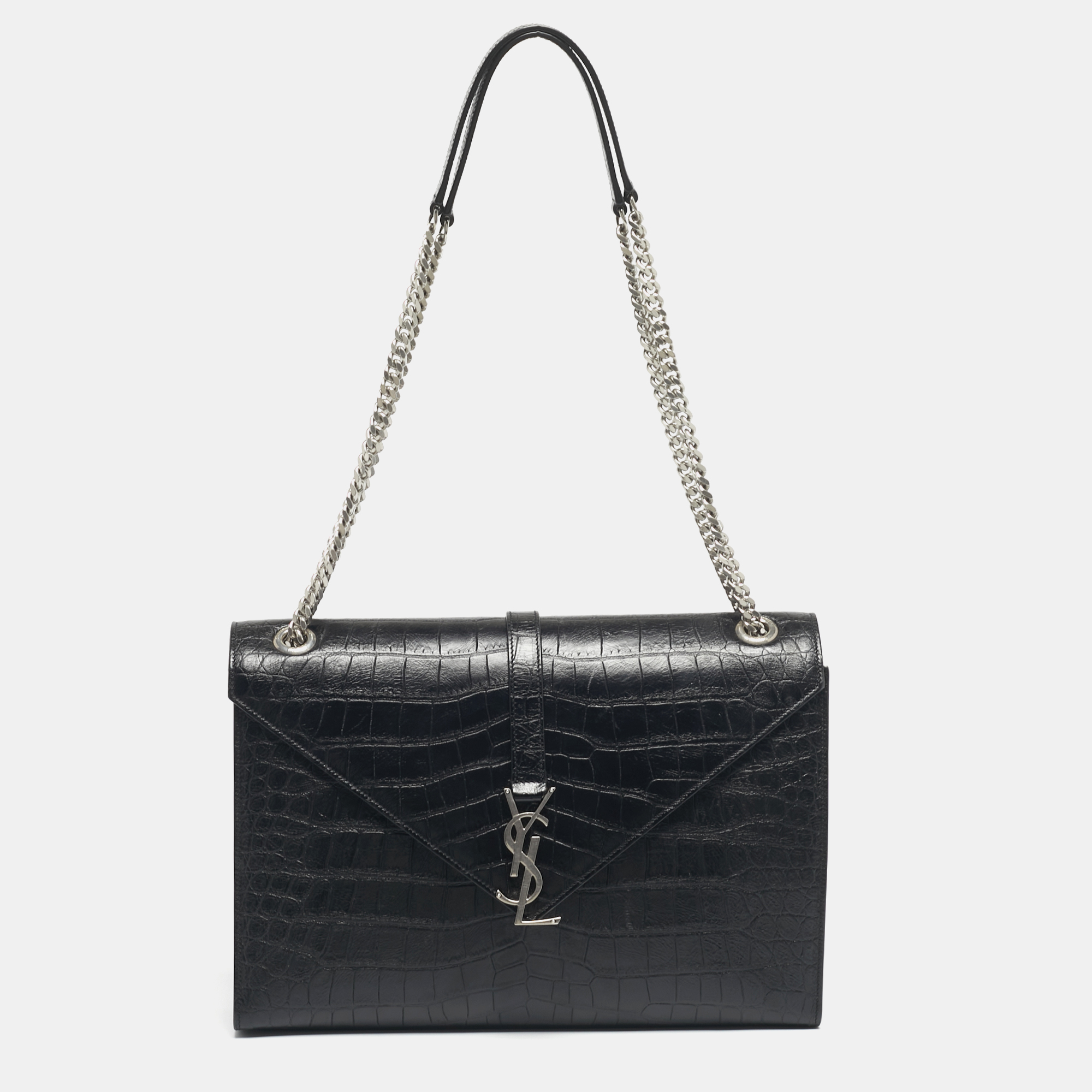 saint laurent black croc embossed leather large monogram envelope shoulder bag