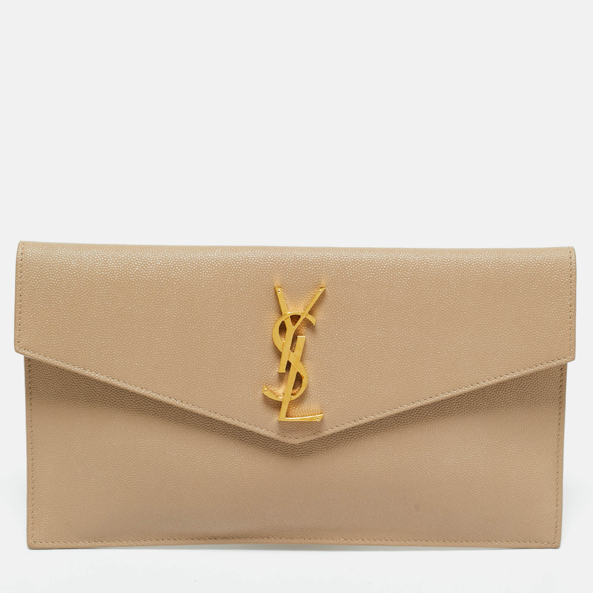 saint laurent beige leather uptown clutch