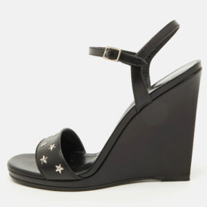 saint laurent black stars leather ankle strap wedge sandals size 39.5