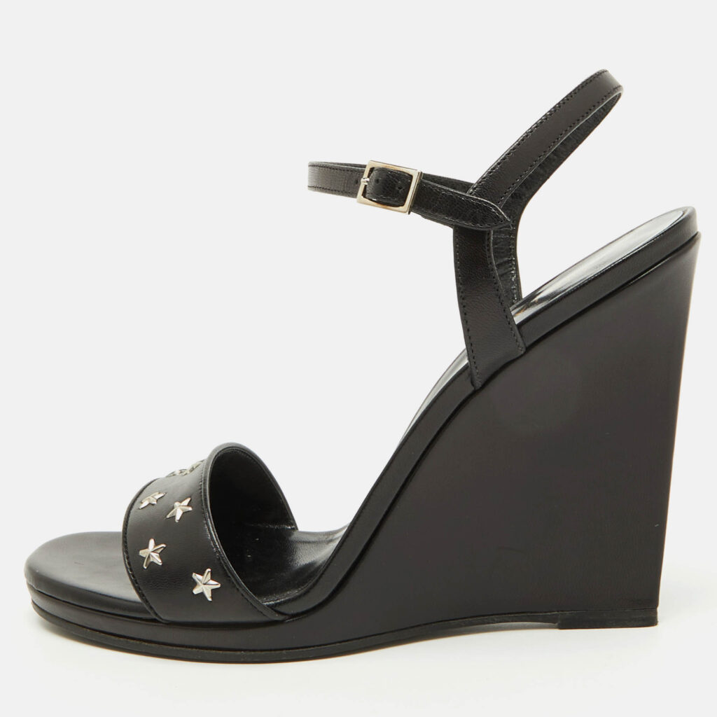 luxury-women-saint-laurent-paris-used-shoes-p1093586-010.jpg Saint Laurent Black Stars Leather Ankle Strap Wedge Sandals Size 39.5