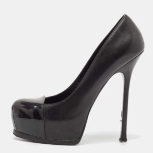 saint laurent black leather and patent leather tribtoo platform pumps size 40