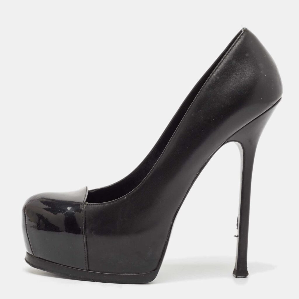 luxury-women-saint-laurent-paris-used-shoes-p1108077-003.jpg Saint Laurent Black Leather and Patent Leather Tribtoo Platform Pumps Size 40