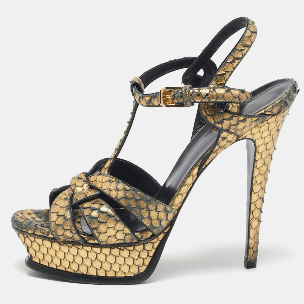 luxury-women-saint-laurent-paris-used-shoes-p1125942-001.jpg Saint Laurent Metallic Gold Python Embossed Leather Tribute Sandals Size 39.5