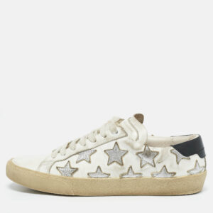saint laurent white/silver leather court classic low top sneakers size 38
