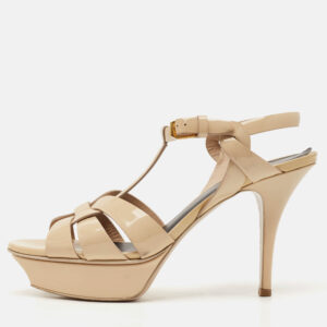 saint laurent beige patent leather tribute platform sandals size 38