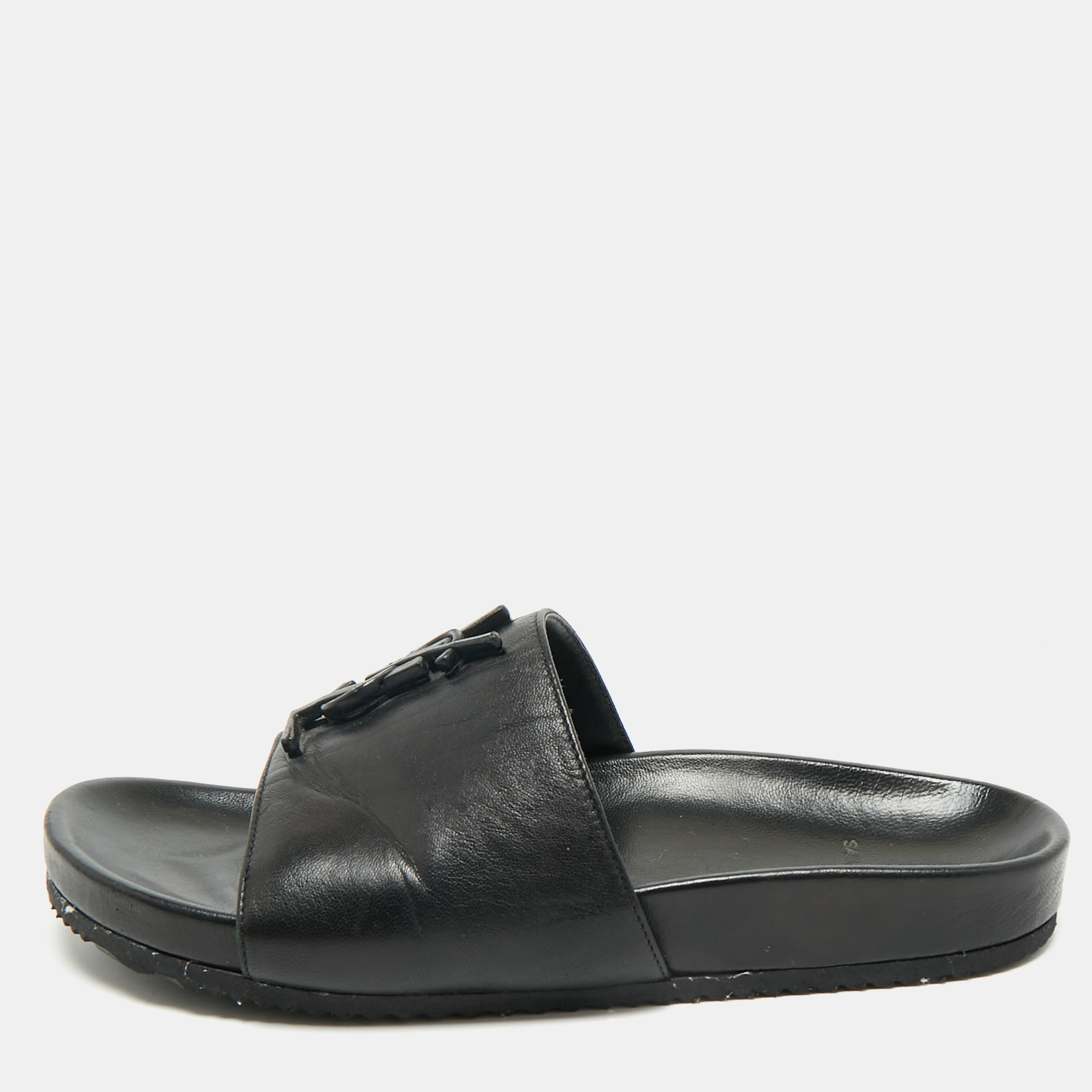 saint laurent black leather joan flat slide sandals size 36.5