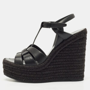 luxury-women-saint-laurent-paris-used-shoes-p1180792-010.jpg saint laurent black leather tribute wedge espadrille sandals size 37.5