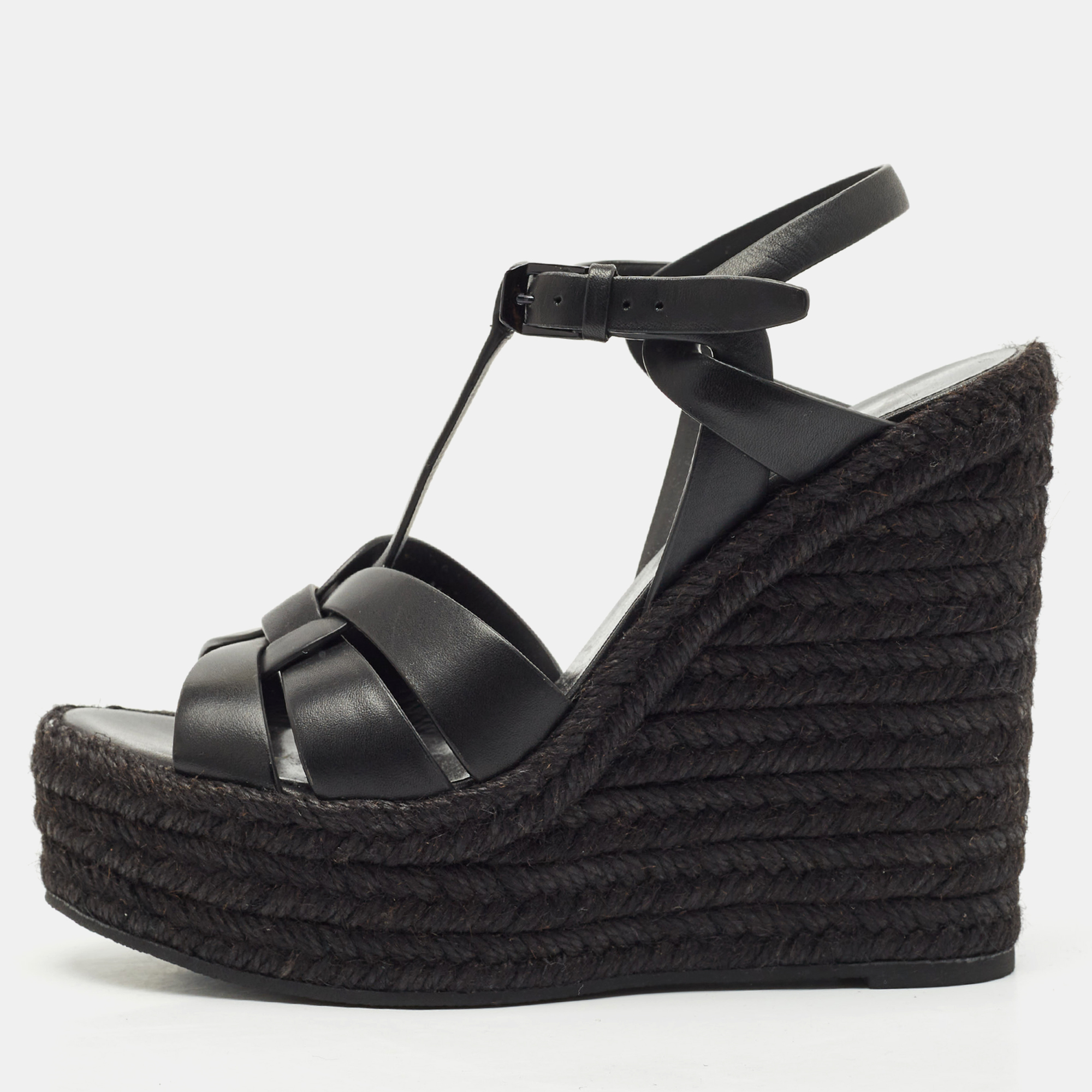 saint laurent black leather tribute wedge espadrille sandals size 37.5