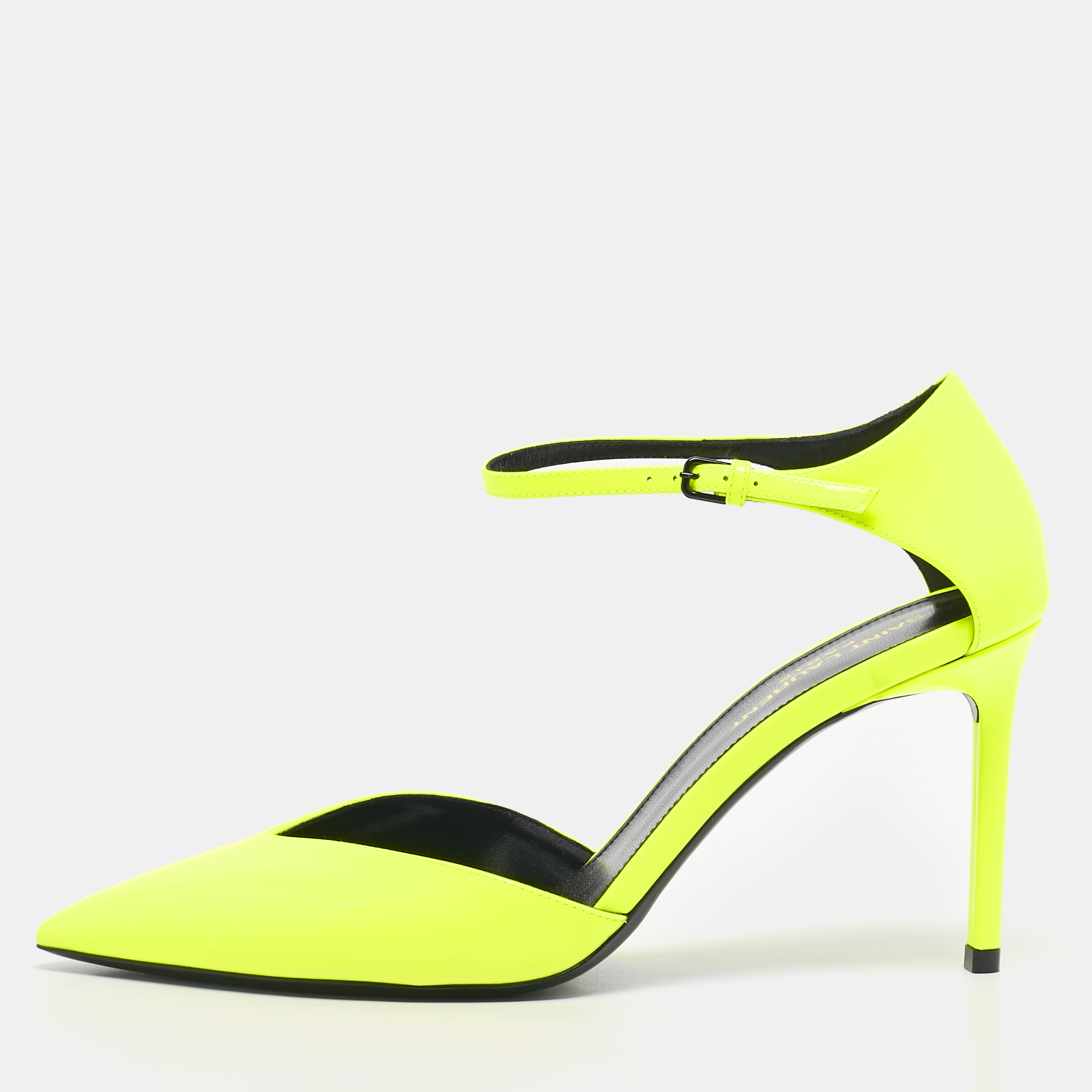saint laurent lime green patent leather anja ankle strap pumps size 39