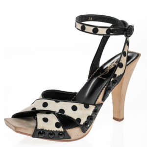saint laurent cream/black polka dot fabric and patent leather slingback sandals size 38