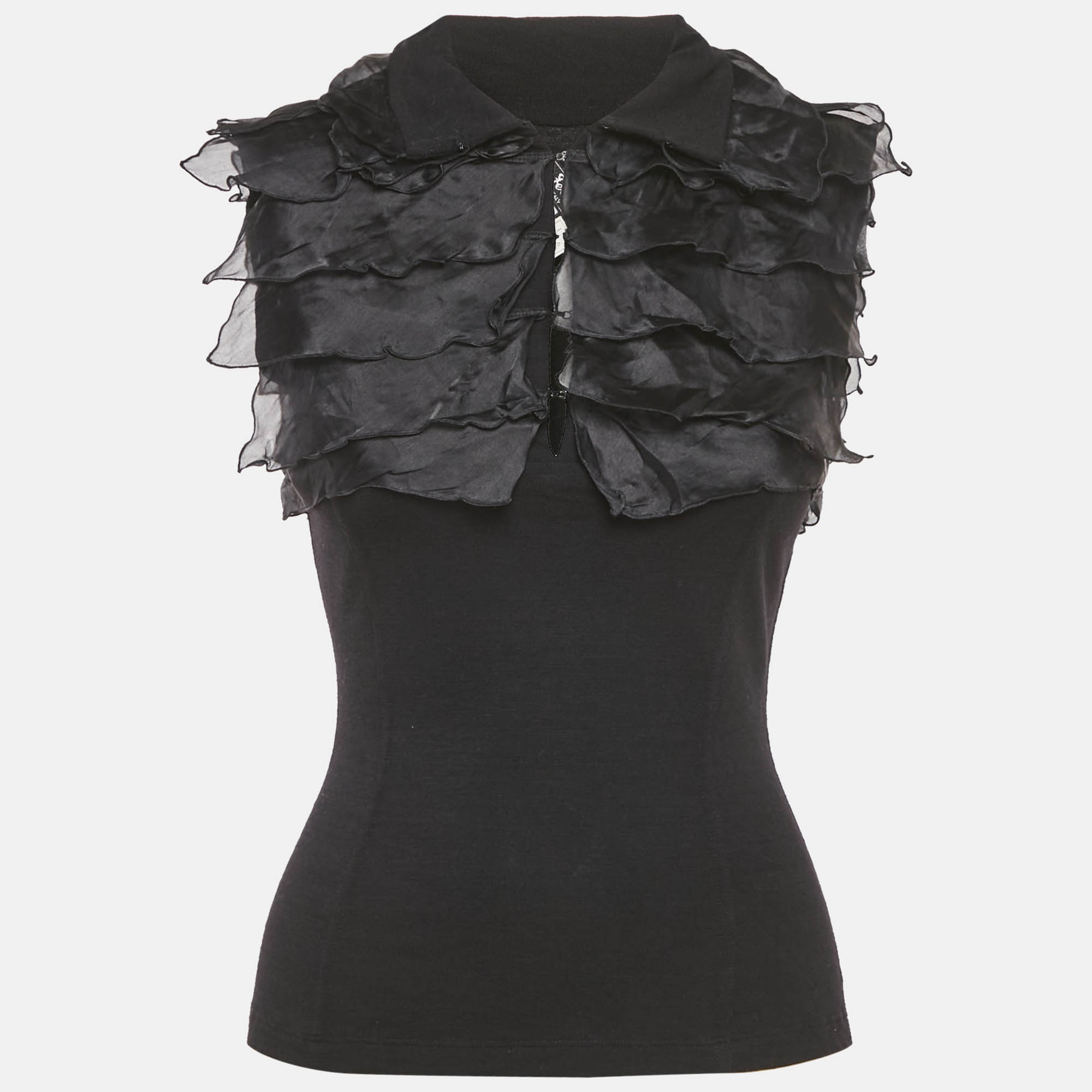 salvatore ferragamo black jersey and silk frilled sleeveless top s