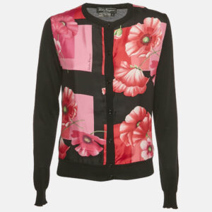 salvatore ferragamo black wool & silk floral print cardigan s