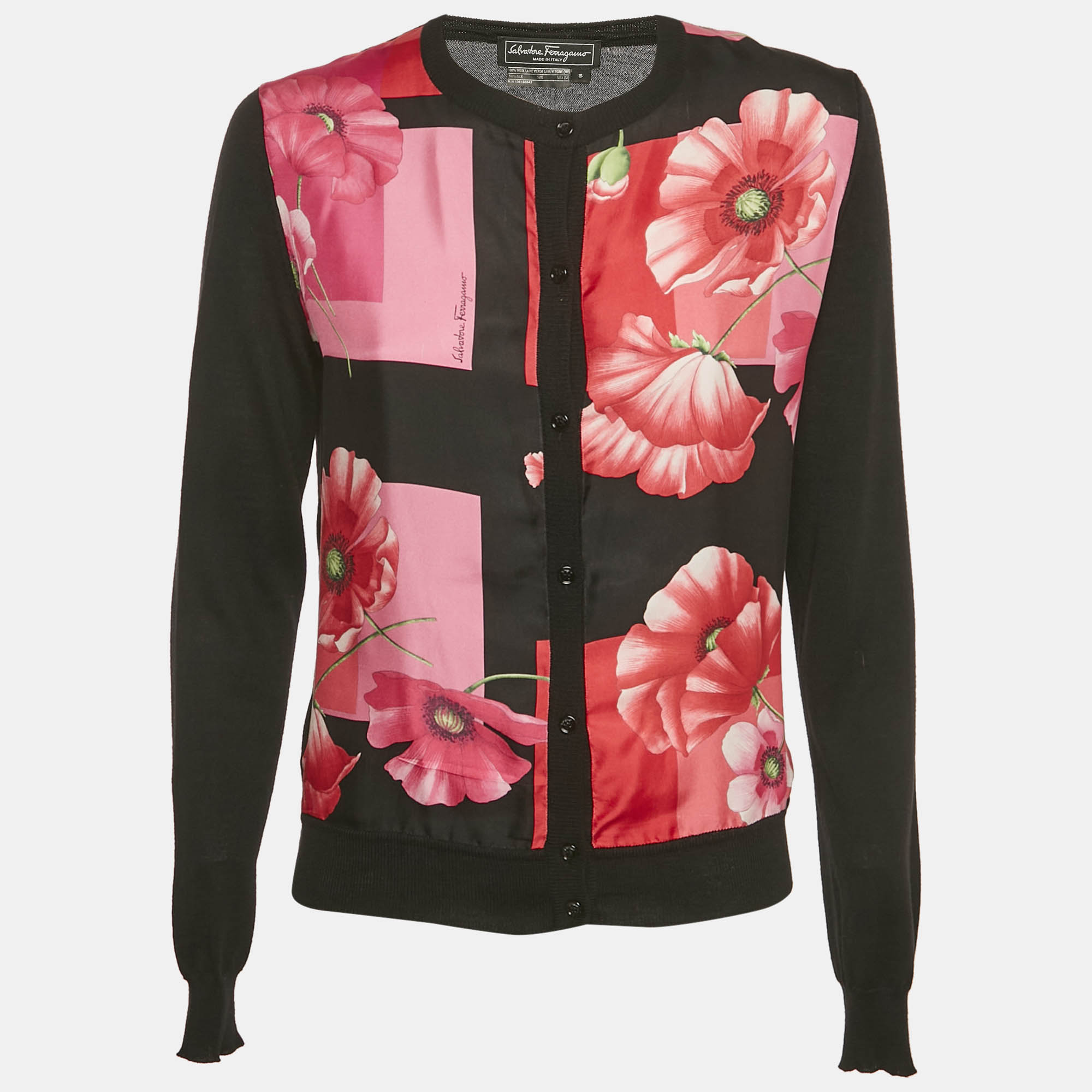 salvatore ferragamo black wool & silk floral print cardigan s