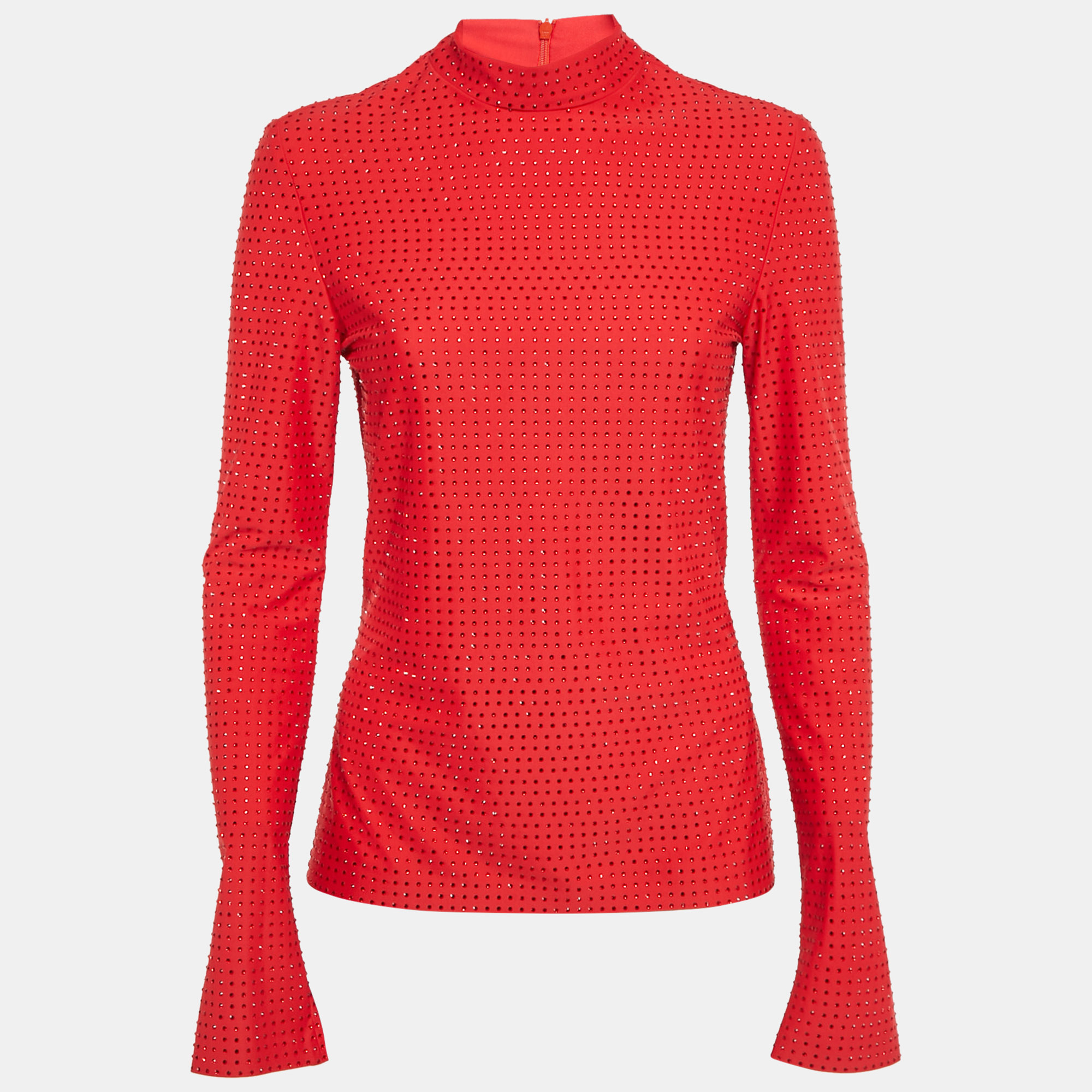 salvatore ferragamo red stud embellished jersey long sleeve top l