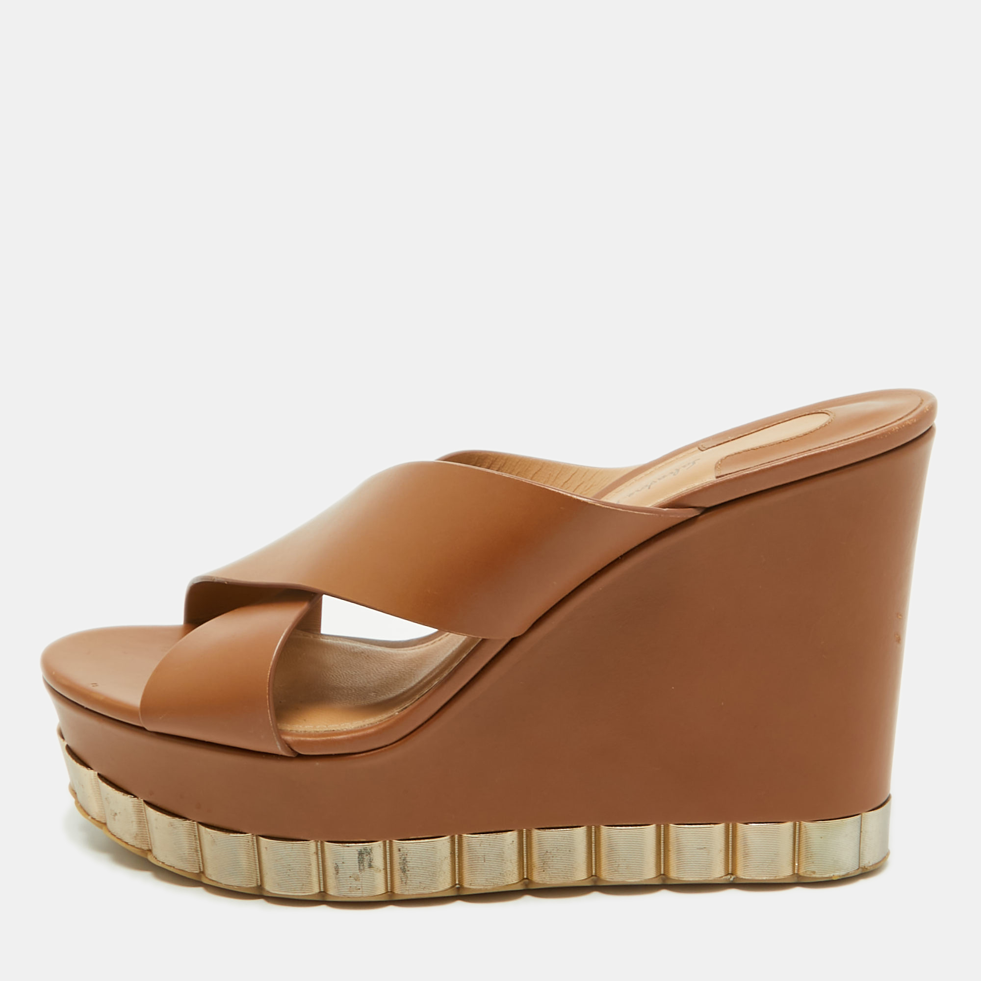 salvatore ferragamo brown leather nicosia wedge sandals size 39.5