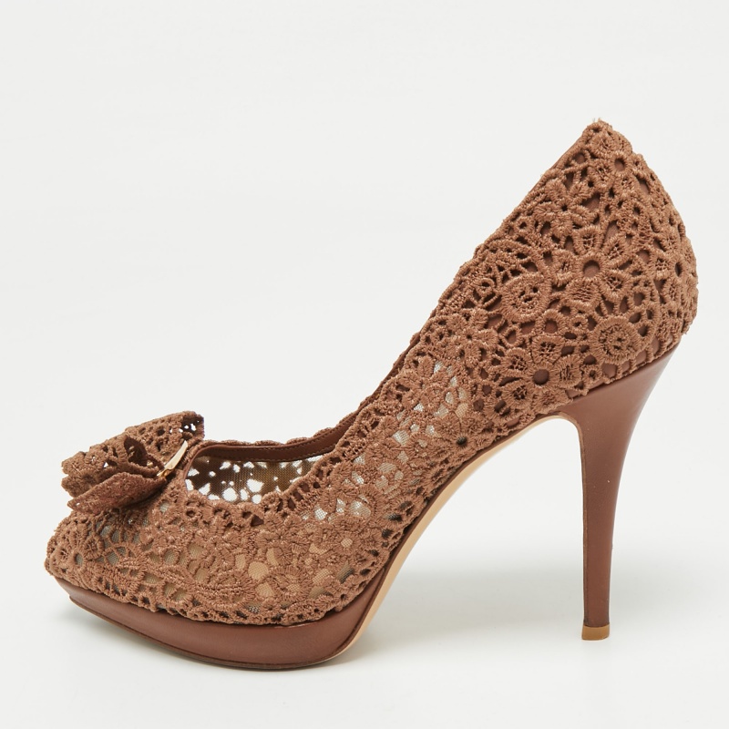 salvatore ferragamo brown lace bonita platform peep toe pumps size 38.5