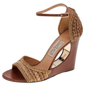salvatore ferragamo brown/beige woven straw chain embellishment sandals size 38.5
