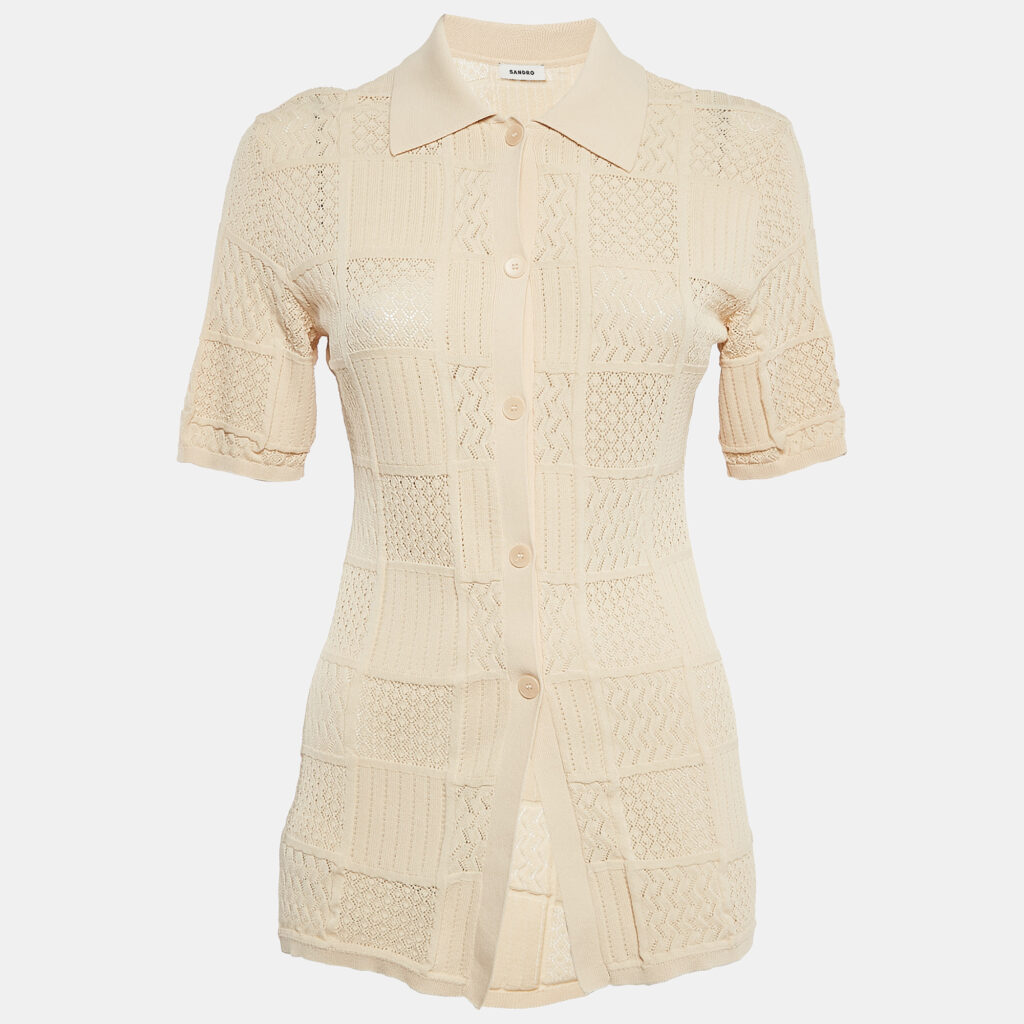 Sandro Beige Pointelle Knit Button Front Short Sleeve Shirt XS
