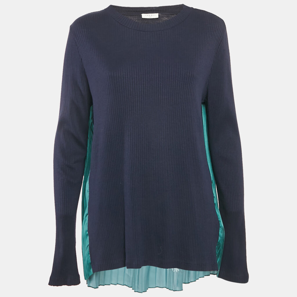Sandro Navy Blue/Green Jersey and Paisley Print Plisse Full Sleeve Top L