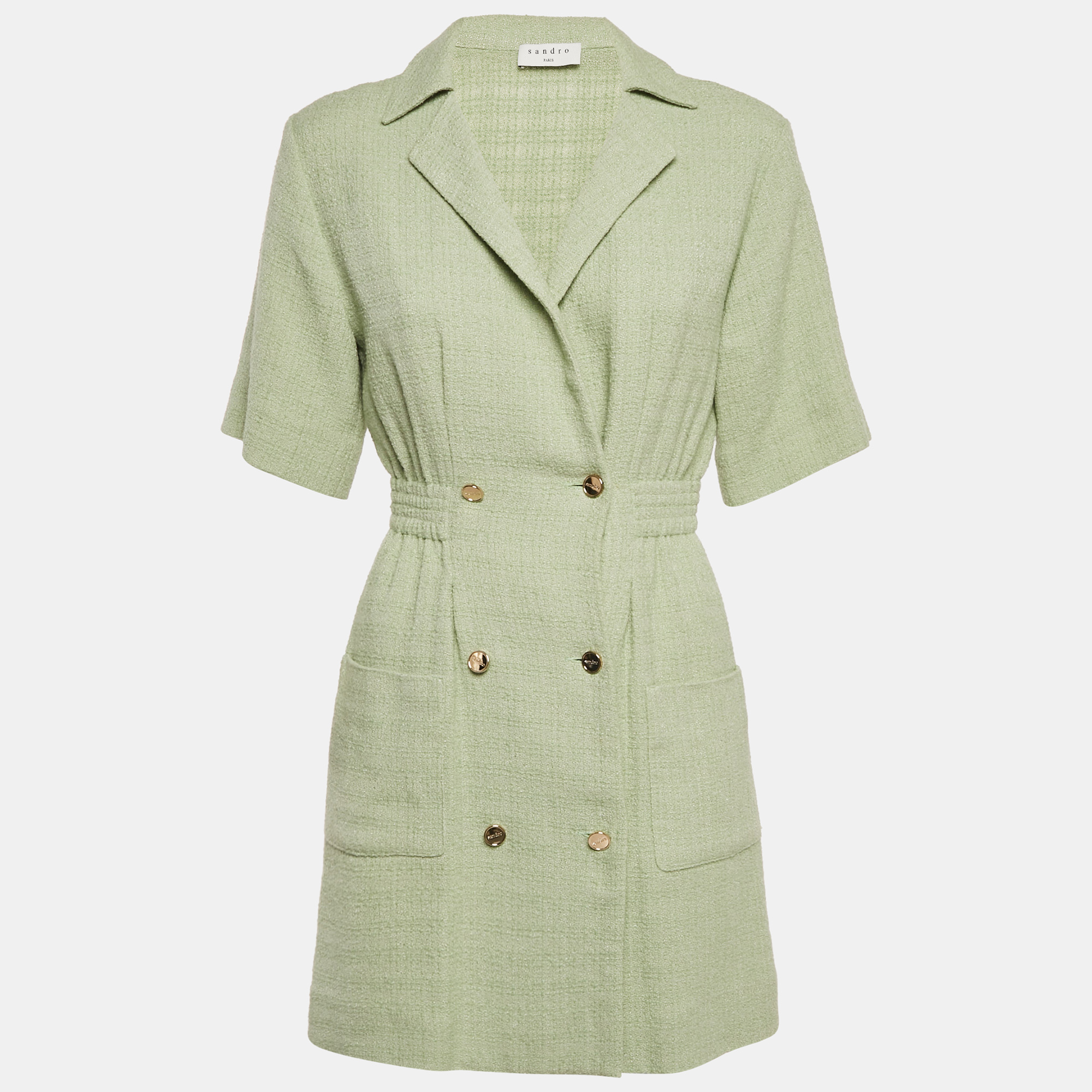 sandro green tweed button front double breasted mini dress s