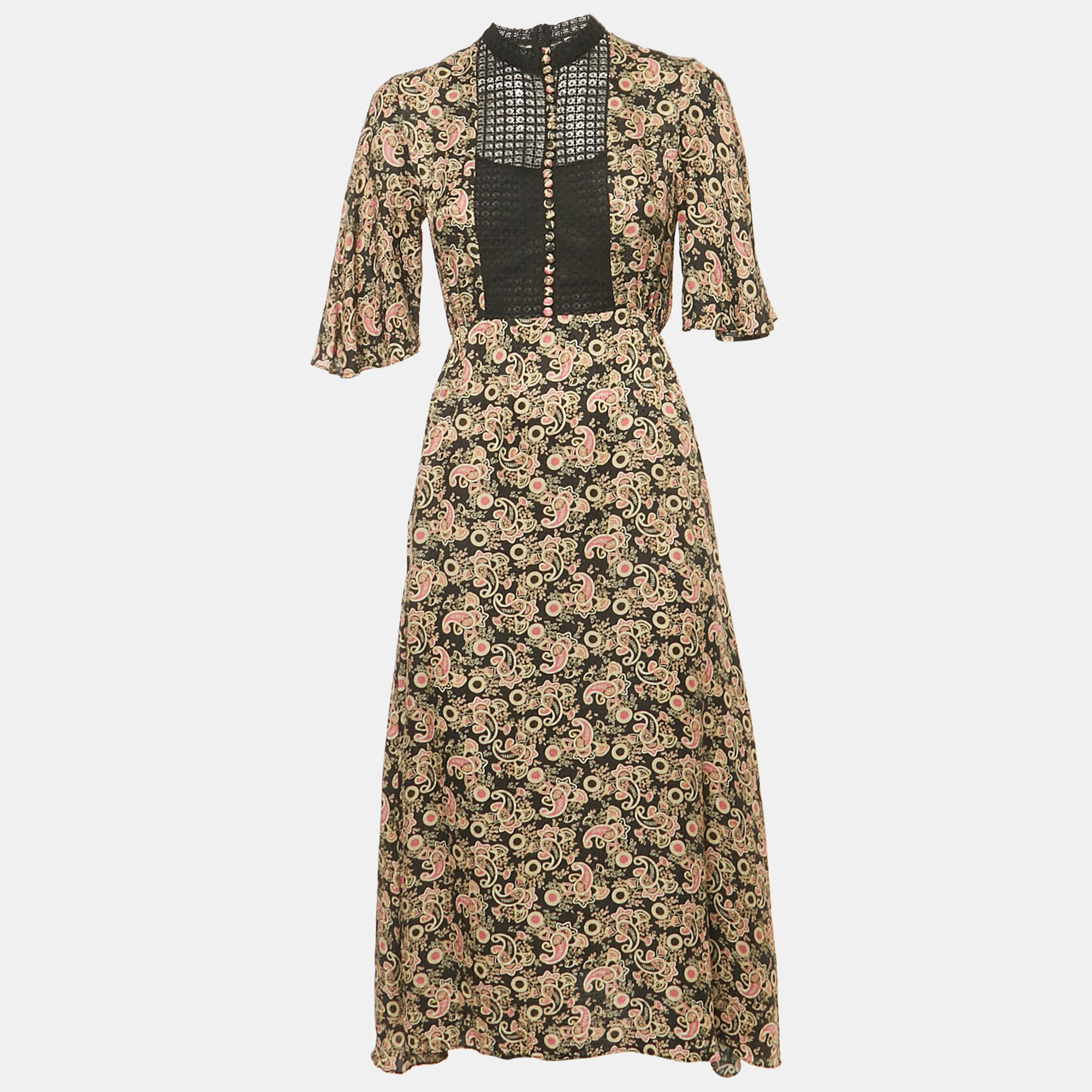 sandro black lace trim paisley print crepe midi dress xs