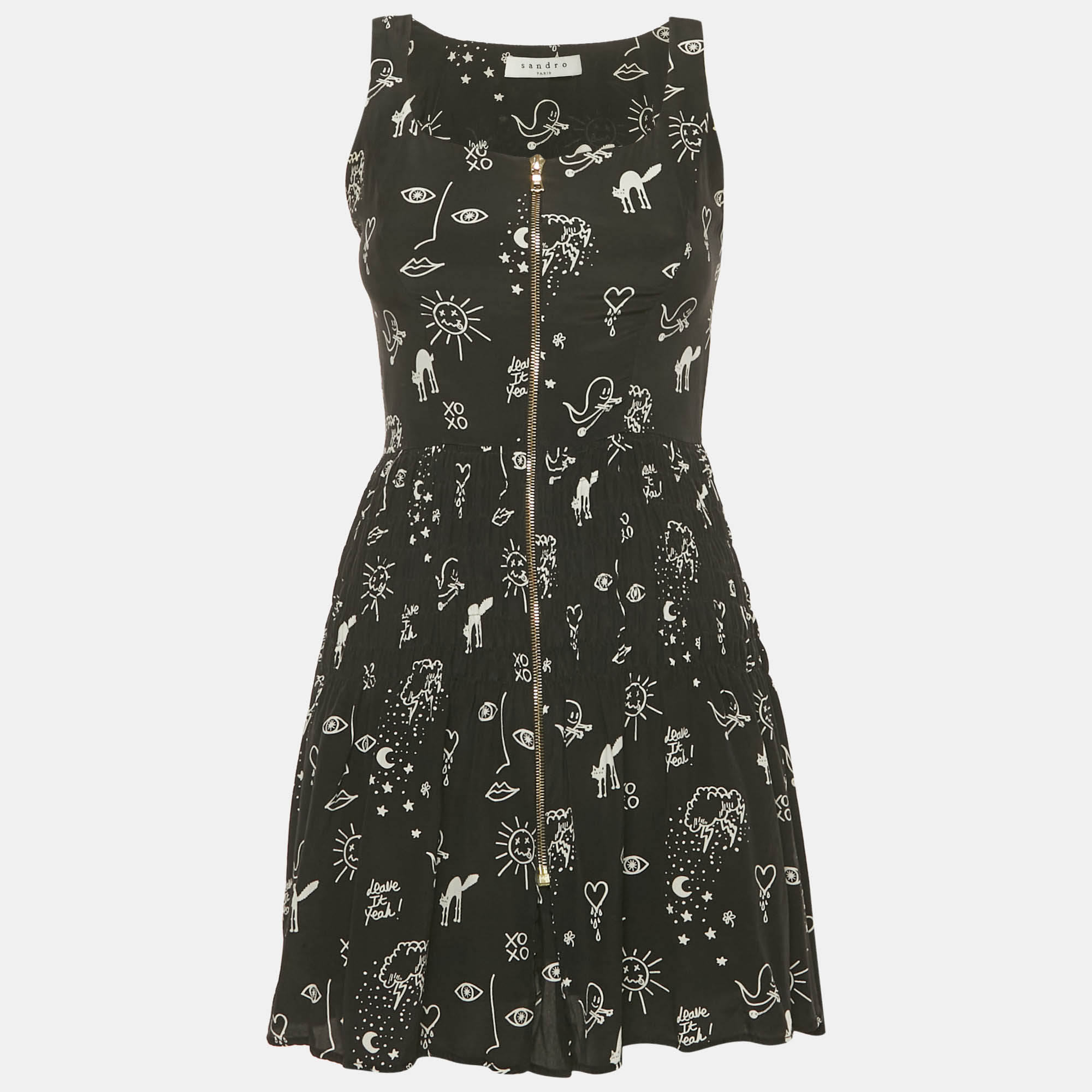 sandro black printed silk mini dress s