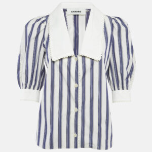 sandro blue stripe cotton oversize collar detail button front blouse xs