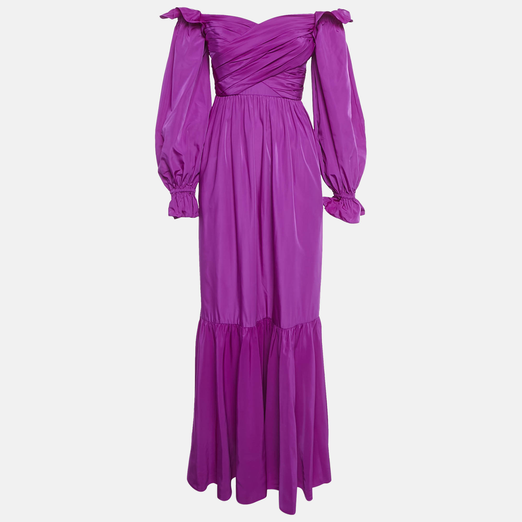 self-portrait purple taffeta off shoulder frill detail maxi dress s