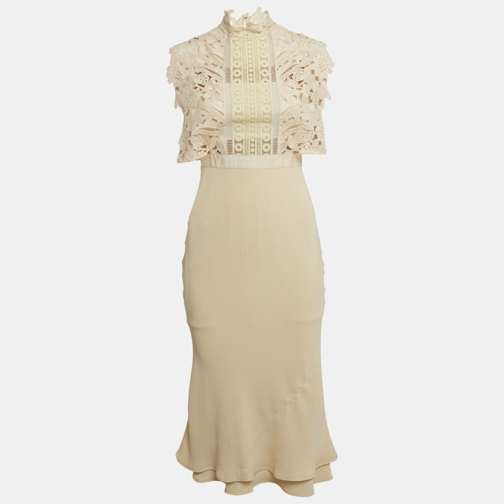 luxury-women-self-portrait-used-clothes-p1116141-002.jpg Self-Portrait Beige Lace Trim Crepe Midi Dress S