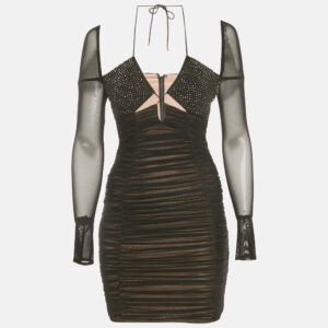self-portrait black mesh embellished detail ruched mini dress s