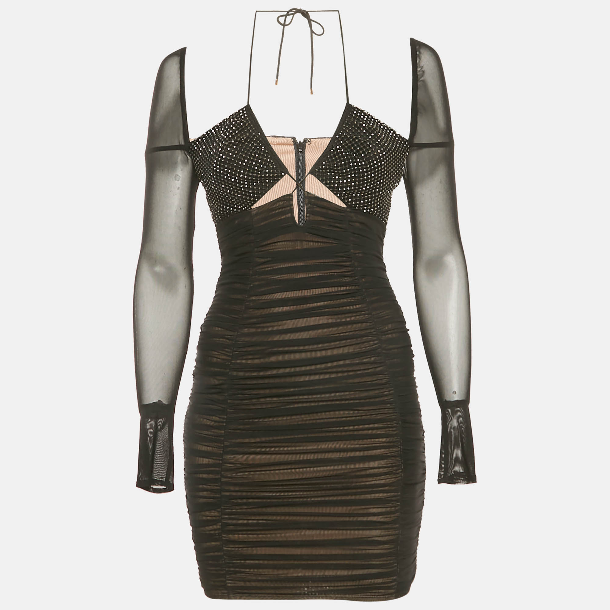 self-portrait black mesh embellished detail ruched mini dress s