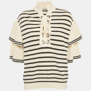 self-portrait cream/black striped rib knit lace-up neck sweater l