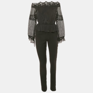 self-portrait black lace trim crepe jumpsuit s