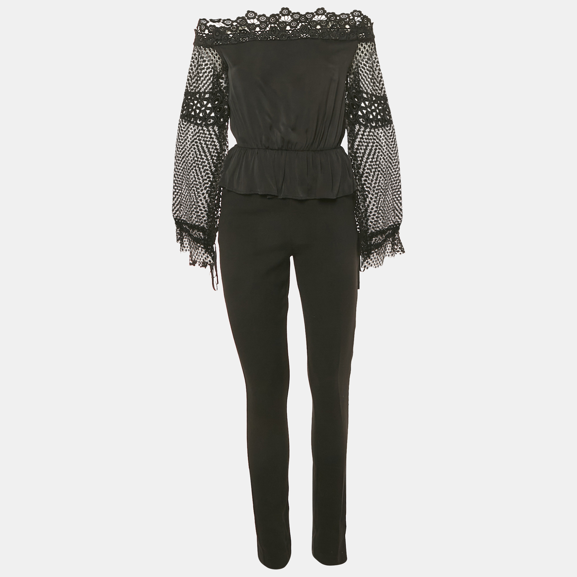 self-portrait black lace trim crepe jumpsuit s