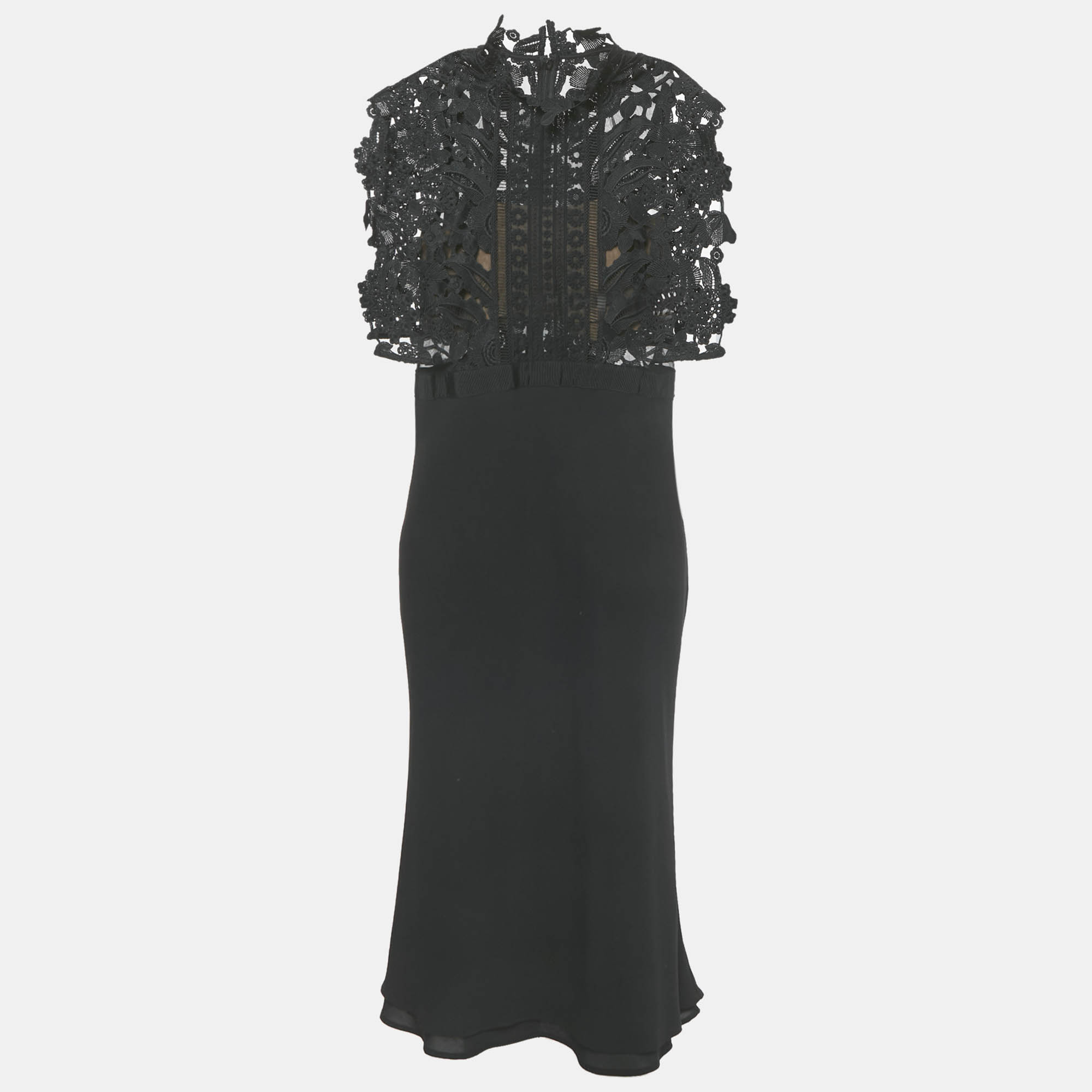 self-portrait black cropped lace overlay crepe midi dress m