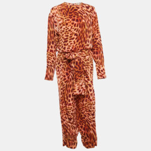 stella mccartney brown leopard print silk tie-up jumpsuit s