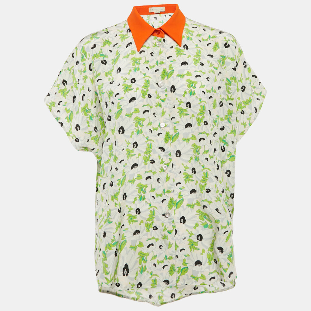 luxury-women-stella-mccartney-used-clothes-p1107827-003.jpg Stella McCartney Green Floral Print Silk Kaftan Style Shirt XS