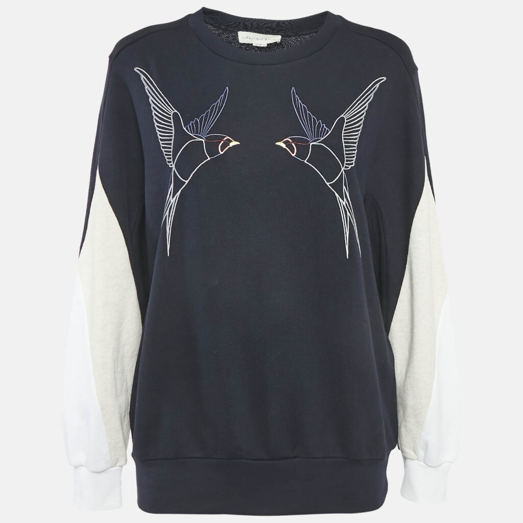 luxury-women-stella-mccartney-used-clothes-p1111436-003.jpg Stella McCartney Navy Blue Swallow Embroidered Cotton Knit Crewneck Sweatshirt S