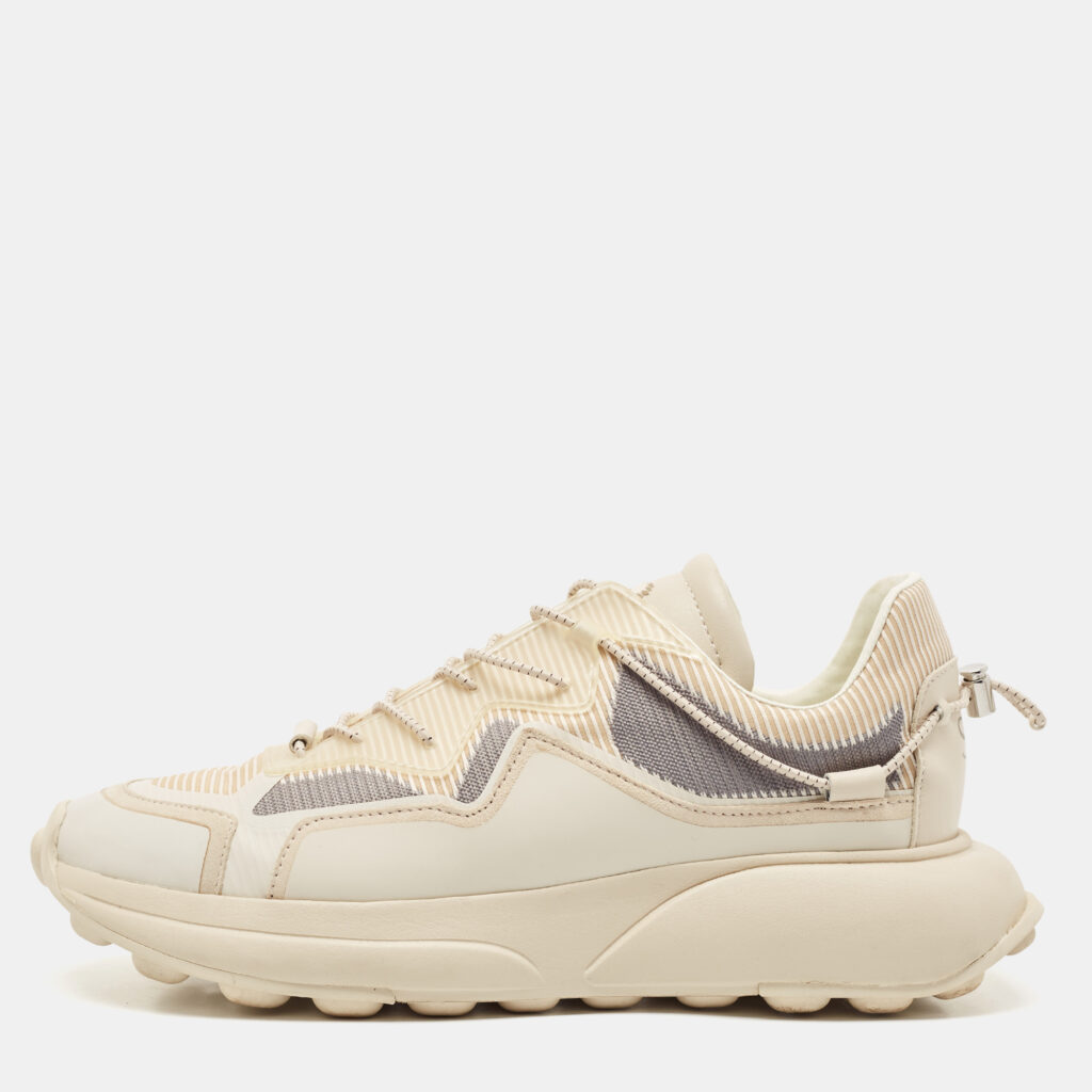 luxury-women-stuart-weitzman-used-shoes-p1133452-001.jpg Stuart Weitzman Beige Leather and Knit Fabric SW 1 Sneakers Size 39