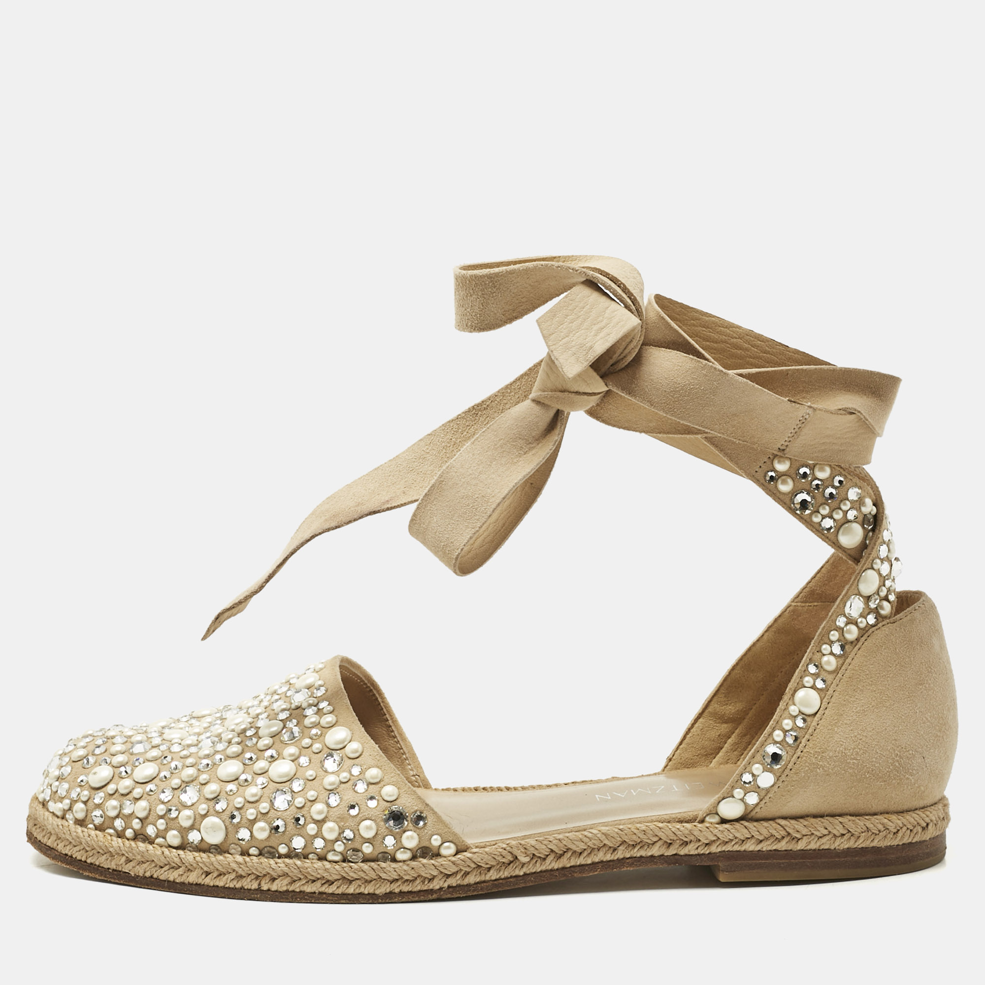 stuart weitzman beige suede crystal embellished ankle wrap flat espadrilles size 41