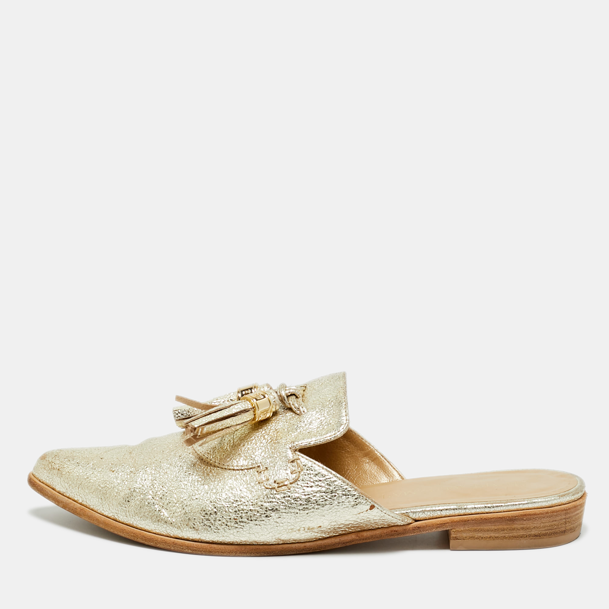 stuart weitzman gold texture leather tassel pointed toe flat mules size 39.5