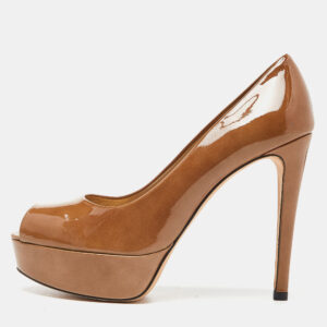 stuart weitzman brown patent leather peep toe platform pumps size 39.5