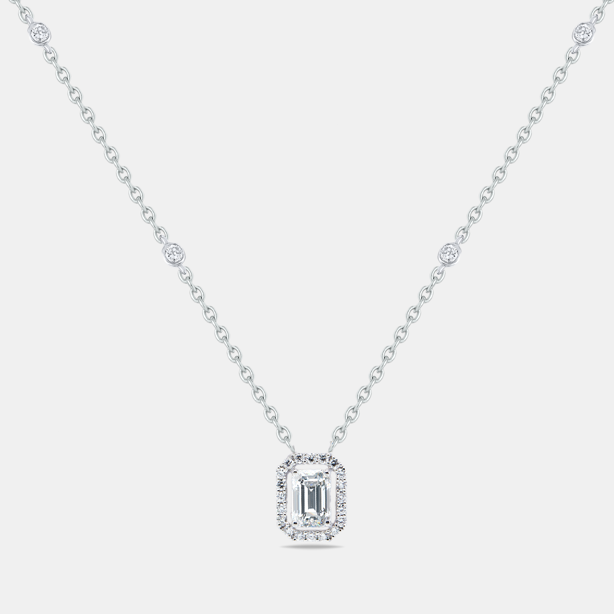 1.30 cts emerald round brilliant cut 14k white gold necklace