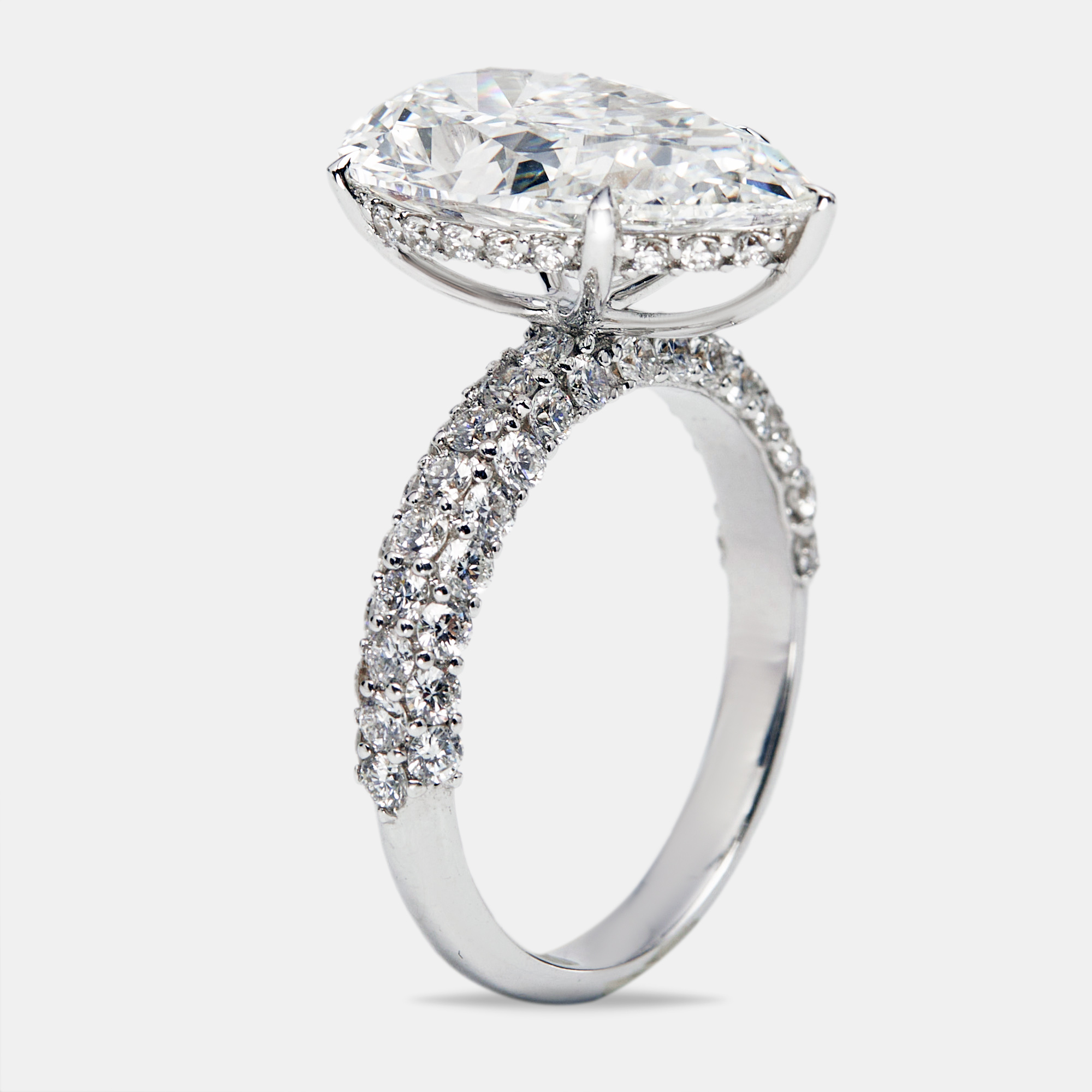 6.25 cts pear cut and round lab grown diamond 18k white gold ring size 54