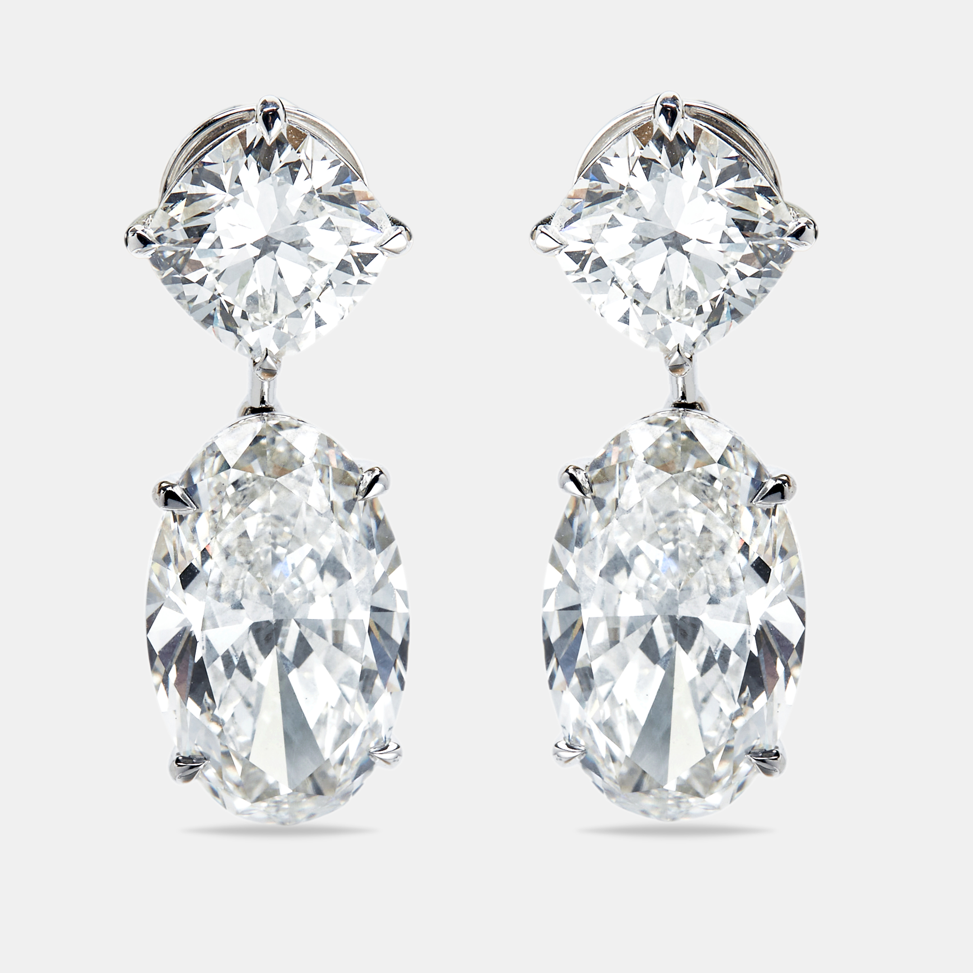 20.00 cts cushion and oval cut lab grown diamond 18k white gold earrings