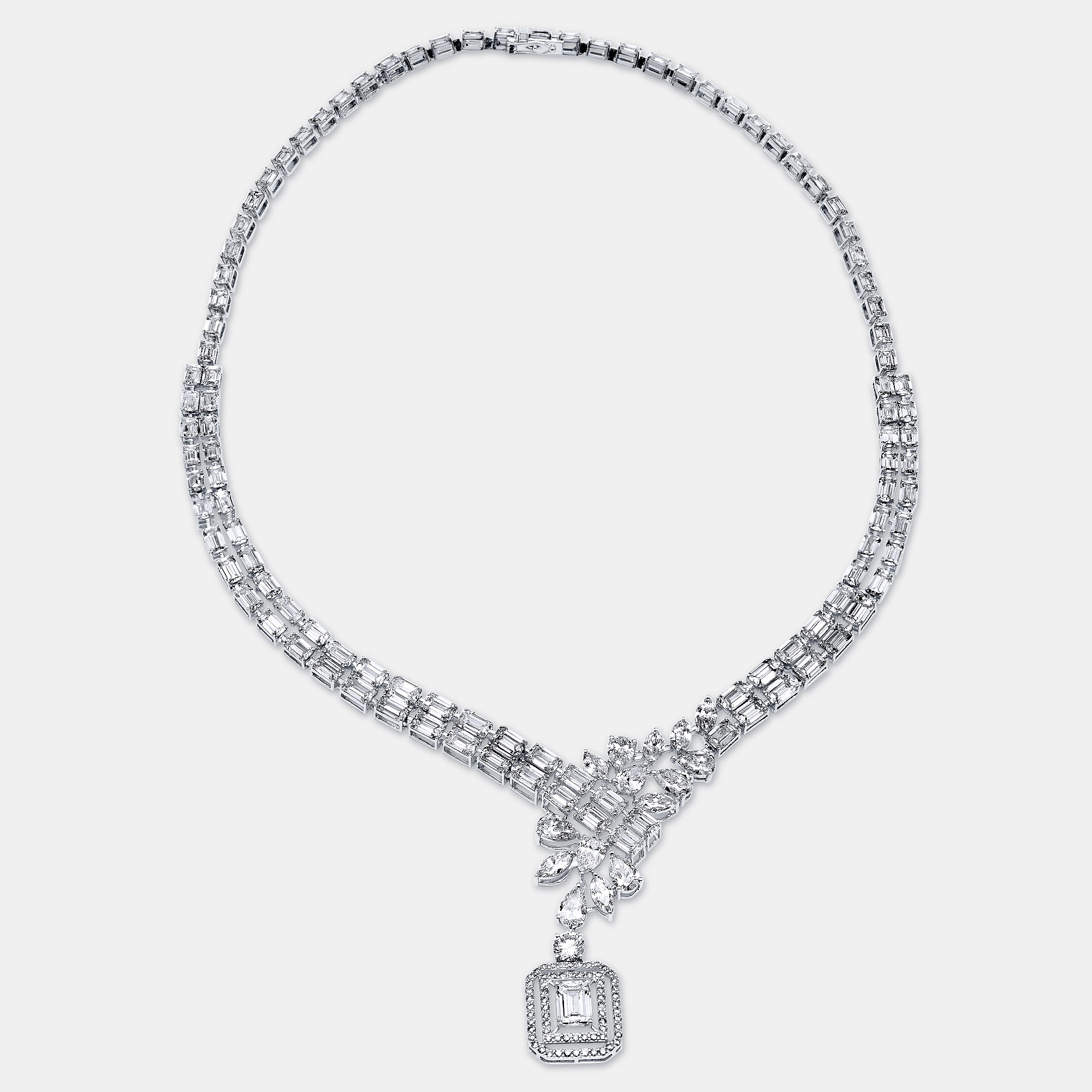 41.9 cts pear emerald marquise round 18k white gold lab grown diamonds necklace