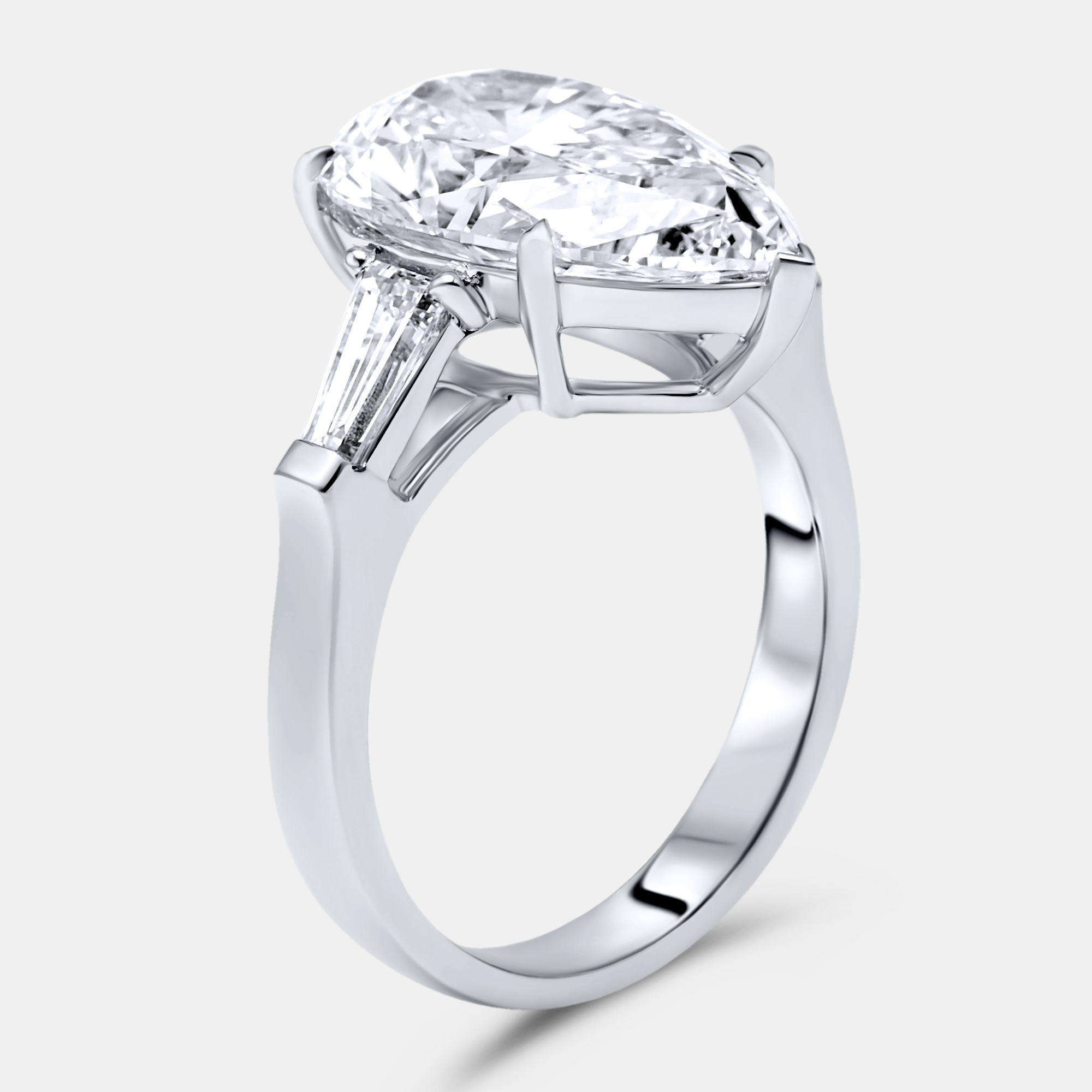 5.50 cts pear brilliant and trapezoid lab grown diamonds 18k white gold ring size 51