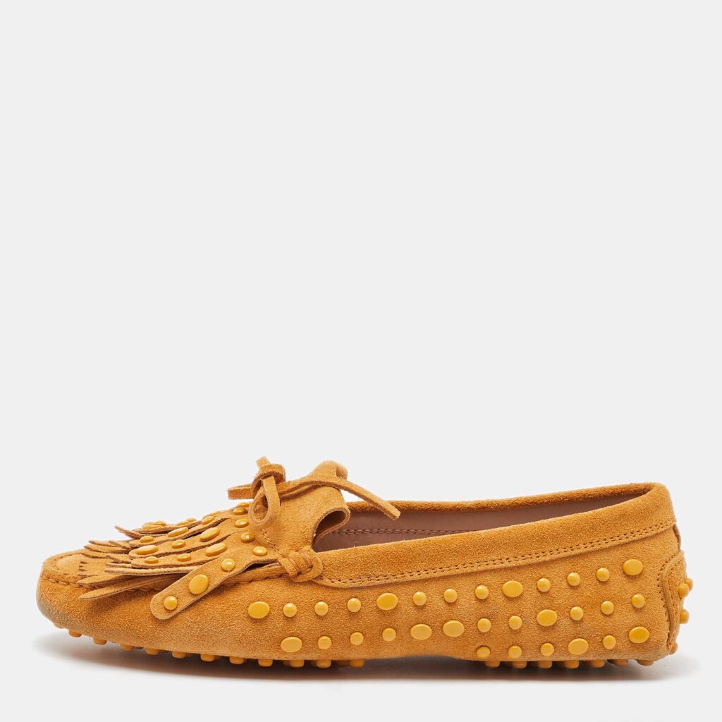 luxury-women-tods-used-shoes-p1115799-003.jpg Tod's Yellow Suede Studded Fringe Bow Slip On Loafers Size 36