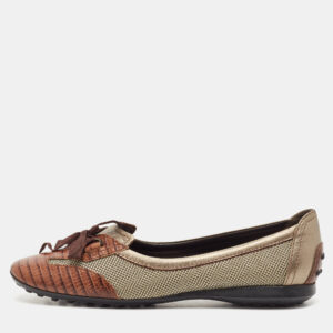 tod's brown/metallic leather and mesh  ballet flats size 38.5